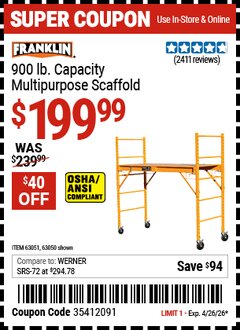 Harbor Freight Coupon FRANKLIN 900 LB. CAPACITY MULTIPURPOSE SCAFFOLD Lot No. 63050/63051 Valid Thru: 4/26/26 - $199.99