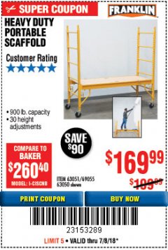 Harbor Freight Coupon HEAVY DUTY PORTABLE SCAFFOLD Lot No. 63050/63051/69055/98979 Expired: 7/8/18 - $169.99