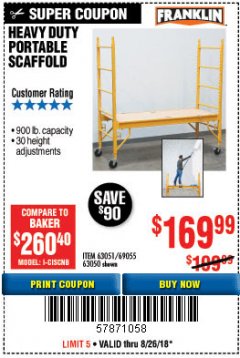 Harbor Freight Coupon HEAVY DUTY PORTABLE SCAFFOLD Lot No. 63050/63051/69055/98979 Expired: 8/26/18 - $169.99