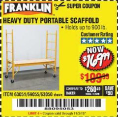 Harbor Freight Coupon HEAVY DUTY PORTABLE SCAFFOLD Lot No. 63050/63051/69055/98979 Expired: 11/3/18 - $169.99