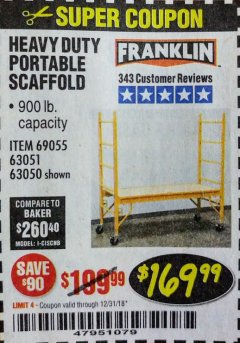 Harbor Freight Coupon HEAVY DUTY PORTABLE SCAFFOLD Lot No. 63050/63051/69055/98979 Expired: 12/31/18 - $169.99
