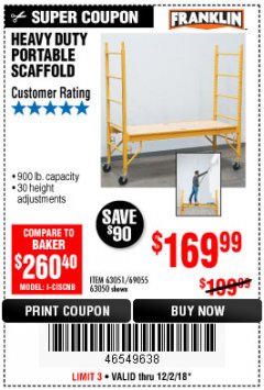 Harbor Freight Coupon HEAVY DUTY PORTABLE SCAFFOLD Lot No. 63050/63051/69055/98979 Expired: 12/2/18 - $169.99