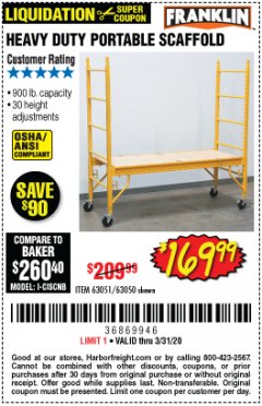 Harbor Freight Coupon HEAVY DUTY PORTABLE SCAFFOLD Lot No. 63050/63051/69055/98979 Expired: 3/31/20 - $169.99