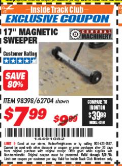 Harbor Freight ITC Coupon CENTRAL MACHINERY 17 IN. MINI MAGNETIC SWEEPER Lot No. 62704 Expired: 5/31/18 - $7.99