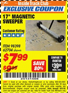 Harbor Freight ITC Coupon CENTRAL MACHINERY 17 IN. MINI MAGNETIC SWEEPER Lot No. 62704 Expired: 8/31/18 - $7.99