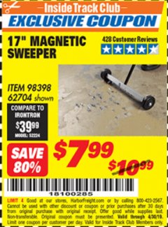 Harbor Freight ITC Coupon CENTRAL MACHINERY 17 IN. MINI MAGNETIC SWEEPER Lot No. 62704 Expired: 4/30/19 - $7.99