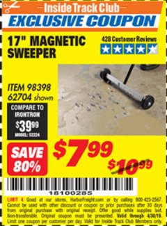 Harbor Freight ITC Coupon 17" MINI MAGNETIC SWEEPER Lot No. 62704/98398 Expired: 4/30/19 - $7.99