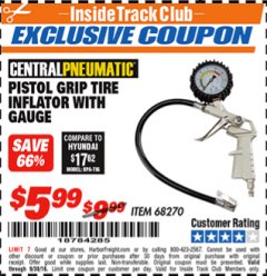 Harbor Freight ITC Coupon CENTRAL PNEUMATIC PISTOL GRIP TIRE INFLATOR WITH DIAL GAUGE Lot No. 68270 Expired: 9/30/18 - $5.99