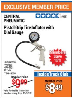 Harbor Freight Coupon PISTOL GRIP TIRE INFLATOR WITH GAUGE Lot No. 68270 Expired: 12/3/20 - $8.49