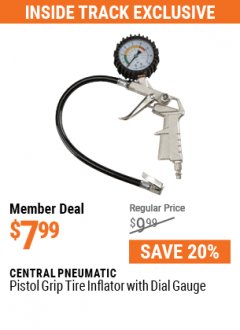 Harbor Freight Coupon CENTRAL PNEUMATIC PISTOL GRIP TIRE INFLATOR WITH DIAL GAUGE Lot No. 68270 Expired: 7/1/21 - $7.99