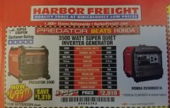 Harbor Freight Coupon PREDATOR 3500 WATT SUPER QUIET INVERTER GENERATOR Lot No. 63584/56720 Expired: 2/20/20 - $699.99