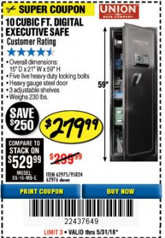 Harbor Freight Coupon 10 CU. FT. DIGITAL EXECUTIVE SAFE Lot No. 62975/95824/62976 Expired: 5/31/18 - $279.99