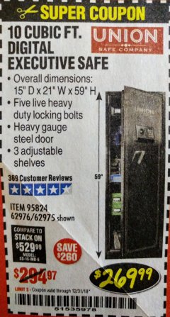 Harbor Freight Coupon 10 CU. FT. DIGITAL EXECUTIVE SAFE Lot No. 62975/95824/62976 Expired: 12/31/18 - $269.99