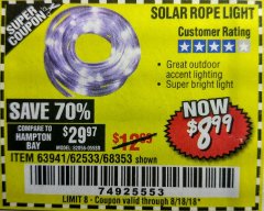 Harbor Freight Coupon SOLAR ROPE LIGHT Lot No. 69297/56883 Expired: 8/18/18 - $8.99