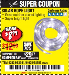 Harbor Freight Coupon SOLAR ROPE LIGHT Lot No. 69297/56883 Expired: 11/10/18 - $8.99