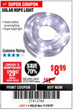 Harbor Freight Coupon SOLAR ROPE LIGHT Lot No. 69297/56883 Expired: 11/18/18 - $8.99