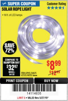 Harbor Freight Coupon SOLAR ROPE LIGHT Lot No. 69297/56883 Expired: 5/27/19 - $8.99