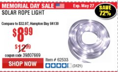 Harbor Freight Coupon SOLAR ROPE LIGHT Lot No. 69297/56883 Expired: 5/31/19 - $8.99