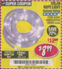 Harbor Freight Coupon SOLAR ROPE LIGHT Lot No. 69297, 56883 Expired: 8/24/19 - $8.99