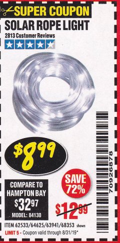 Harbor Freight Coupon SOLAR ROPE LIGHT Lot No. 69297/56883 Expired: 8/31/19 - $8.99