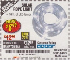 Harbor Freight Coupon SOLAR ROPE LIGHT Lot No. 69297/56883 Expired: 11/28/19 - $8.99