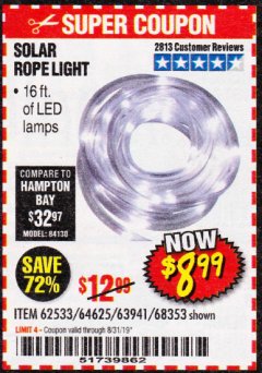 Harbor Freight Coupon SOLAR ROPE LIGHT Lot No. 69297/56883 Expired: 8/31/19 - $8.99