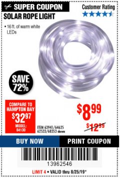 Harbor Freight Coupon SOLAR ROPE LIGHT Lot No. 69297/56883 Expired: 8/25/19 - $8.99