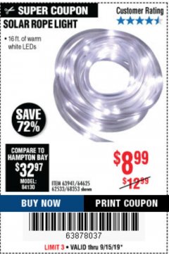 Harbor Freight Coupon SOLAR ROPE LIGHT Lot No. 69297/56883 Expired: 9/15/19 - $8.99