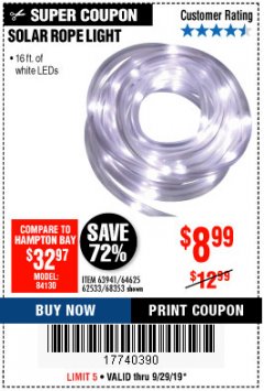 Harbor Freight Coupon SOLAR ROPE LIGHT Lot No. 69297/56883 Expired: 9/29/19 - $8.99