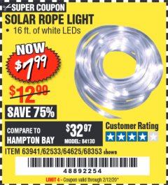 Harbor Freight Coupon SOLAR ROPE LIGHT Lot No. 69297/56883 Expired: 2/12/20 - $7.99