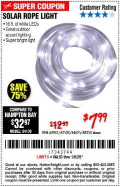 Harbor Freight Coupon SOLAR ROPE LIGHT Lot No. 69297/56883 Expired: 1/6/20 - $7.99