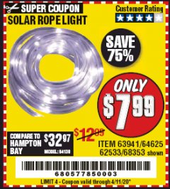 Harbor Freight Coupon SOLAR ROPE LIGHT Lot No. 69297/56883 Expired: 6/30/20 - $7.99