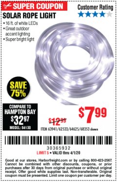 Harbor Freight Coupon SOLAR ROPE LIGHT Lot No. 69297/56883 Expired: 4/1/20 - $7.99