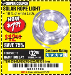 Harbor Freight Coupon SOLAR ROPE LIGHT Lot No. 69297, 56883 Expired: 6/21/20 - $7.99