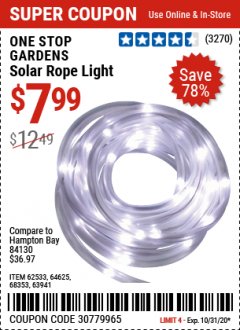 Harbor Freight Coupon SOLAR ROPE LIGHT Lot No. 69297/56883 Expired: 10/31/20 - $7.99