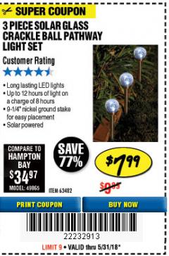Harbor Freight Coupon 3 PIECE SOLAR PATHWAY LIGHT SET Lot No. 63482 Expired: 5/31/18 - $7.99