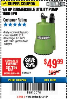 Harbor Freight Coupon 1/6 HP SUBMERSIBLE UTILITY PUMP Lot No. 63319 Expired: 5/13/18 - $49.99