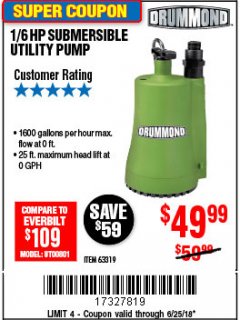 Harbor Freight Coupon 1/6 HP SUBMERSIBLE UTILITY PUMP Lot No. 63319 Expired: 6/25/18 - $49.99