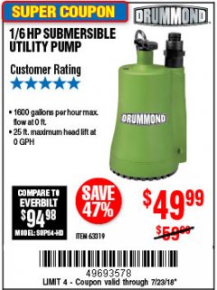 Harbor Freight Coupon 1/6 HP SUBMERSIBLE UTILITY PUMP Lot No. 63319 Expired: 7/23/18 - $49.99