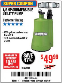Harbor Freight Coupon 1/6 HP SUBMERSIBLE UTILITY PUMP Lot No. 63319 Expired: 9/3/18 - $49.99