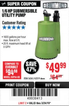 Harbor Freight Coupon 1/6 HP SUBMERSIBLE UTILITY PUMP Lot No. 63319 Expired: 3/24/19 - $49.99