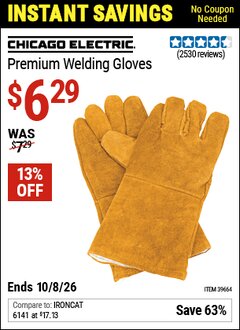 Harbor Freight Coupon CHICAGO ELECTRIC PREMIUM WELDING GLOVES Lot No. 39664 Valid Thru: 10/8/26 - $6.29