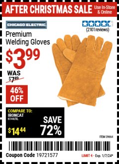 Harbor Freight Coupon CHICAGO ELECTRIC PREMIUM WELDING GLOVES Lot No. 39664 Expired: 1/7/24 - $3.99