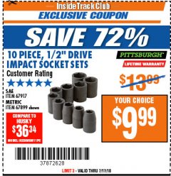 Harbor Freight ITC Coupon 10 PIECE 1/2" DRIVE IMPACT SOCKET SET Lot No. 67917/67899 Expired: 7/17/18 - $9.99