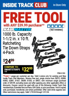 Harbor Freight FREE Coupon HAUL-MASTER 1000 LB. CAPACITY, 1-1/2 IN. X 10 FT. RATCHETING TIE-DOWN Lot No. 61302 Expired: 1/21/24 - FWP