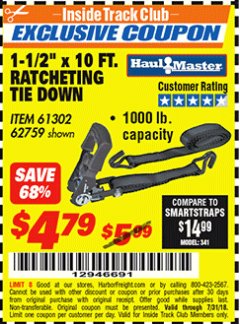 Harbor Freight ITC Coupon HAUL-MASTER 1000 LB. CAPACITY, 1-1/2 IN. X 10 FT. RATCHETING TIE-DOWN Lot No. 61302 Expired: 7/31/18 - $4.79