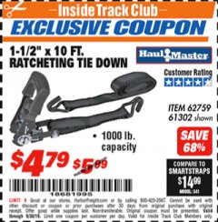 Harbor Freight ITC Coupon HAUL-MASTER 1000 LB. CAPACITY, 1-1/2 IN. X 10 FT. RATCHETING TIE-DOWN Lot No. 61302 Expired: 9/30/18 - $4.79