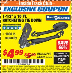 Harbor Freight ITC Coupon 1000 LB. CAPACITY 1-1/2" X 10 FT. RATCHETING TIE DOWN Lot No. 62759/61302 Expired: 4/30/19 - $4.99