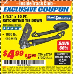 Harbor Freight ITC Coupon HAUL-MASTER 1000 LB. CAPACITY, 1-1/2 IN. X 10 FT. RATCHETING TIE-DOWN Lot No. 61302 Expired: 4/30/19 - $4.99