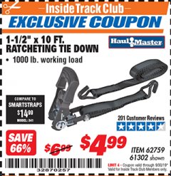 Harbor Freight ITC Coupon 1000 LB. CAPACITY 1-1/2" X 10 FT. RATCHETING TIE DOWN Lot No. 62759/61302 Expired: 9/30/19 - $4.99